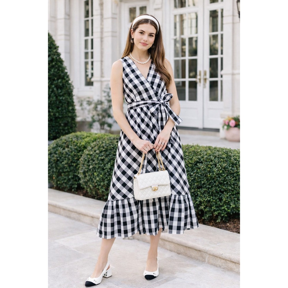 J.Crew Gingham Faux-Wrap Midi Dress Size 4 Preppy Feminine Ruffle Classic Picnic